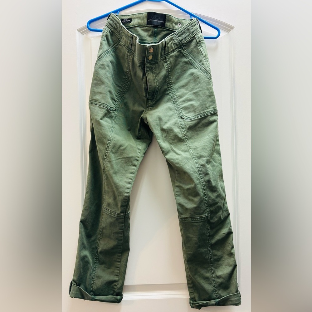 White House Black Market olive green cropped pants with gold buttons